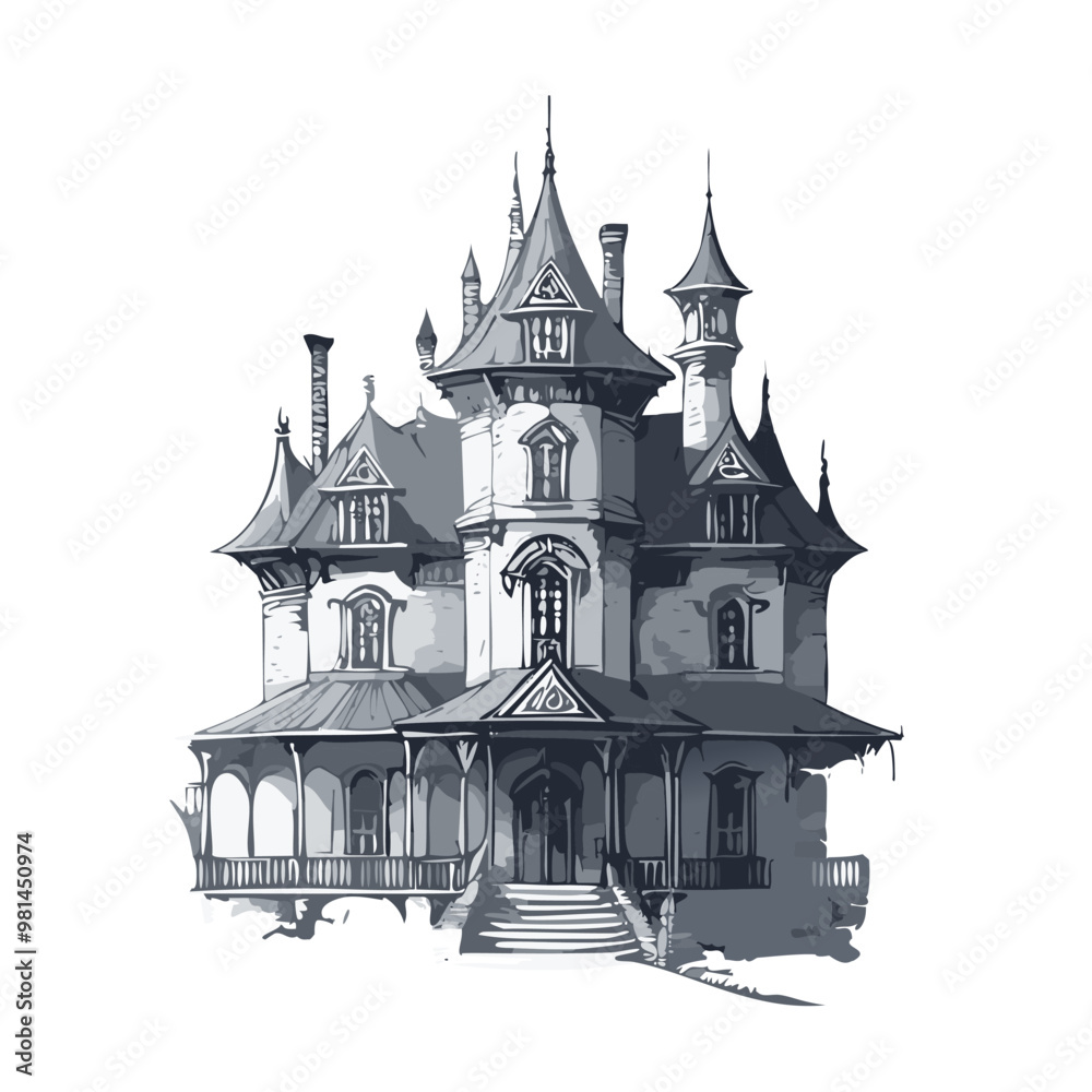 Fototapeta premium Haunted house sketch design. Spooky haunted mansion pen sketch vector art design.
