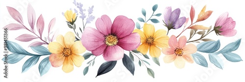 Stunning watercolor floral designs featuring pink, yellow, and purple blooms, perfect for invitations, greeting cards, and springthemed decor