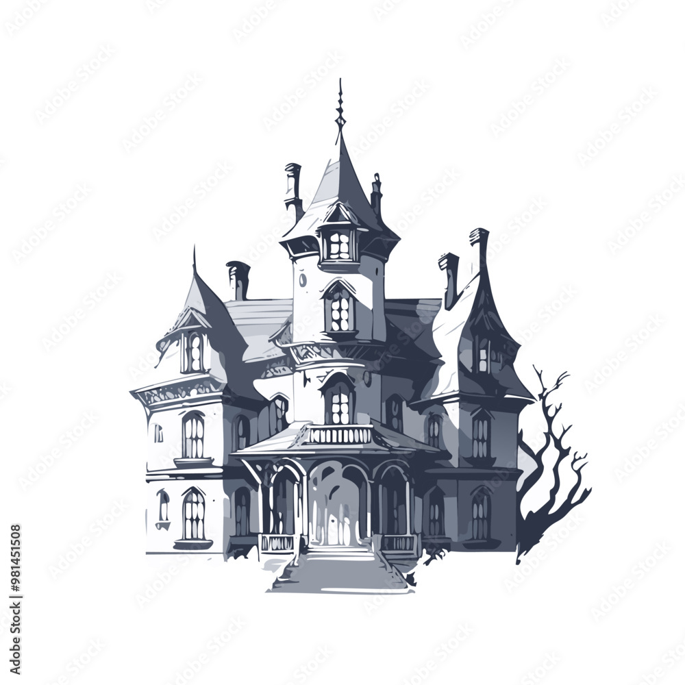 Obraz premium Haunted house sketch design. Spooky haunted mansion pen sketch vector art design.