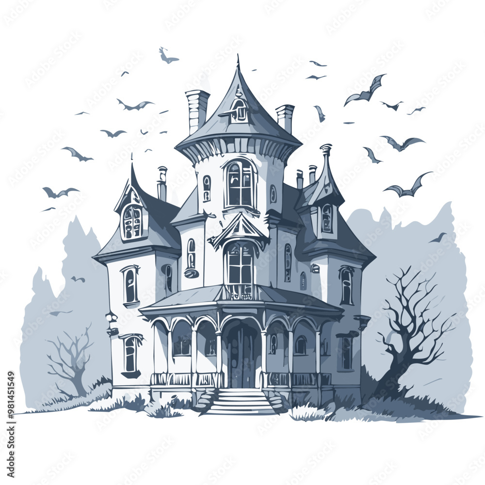 Obraz premium Haunted house sketch design. Spooky haunted mansion pen sketch vector art design.