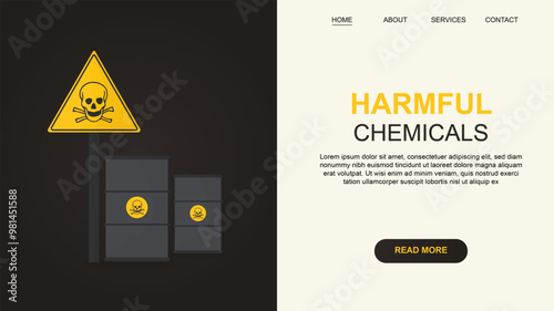 Harmful chemicals banner illustration. A warning sign with a skull and crossbones, accompanied by three barrels with the same symbol. 