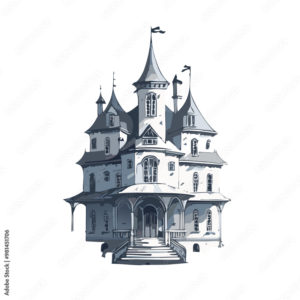 Fototapeta premium Haunted house sketch design. Spooky haunted mansion pen sketch vector art design.