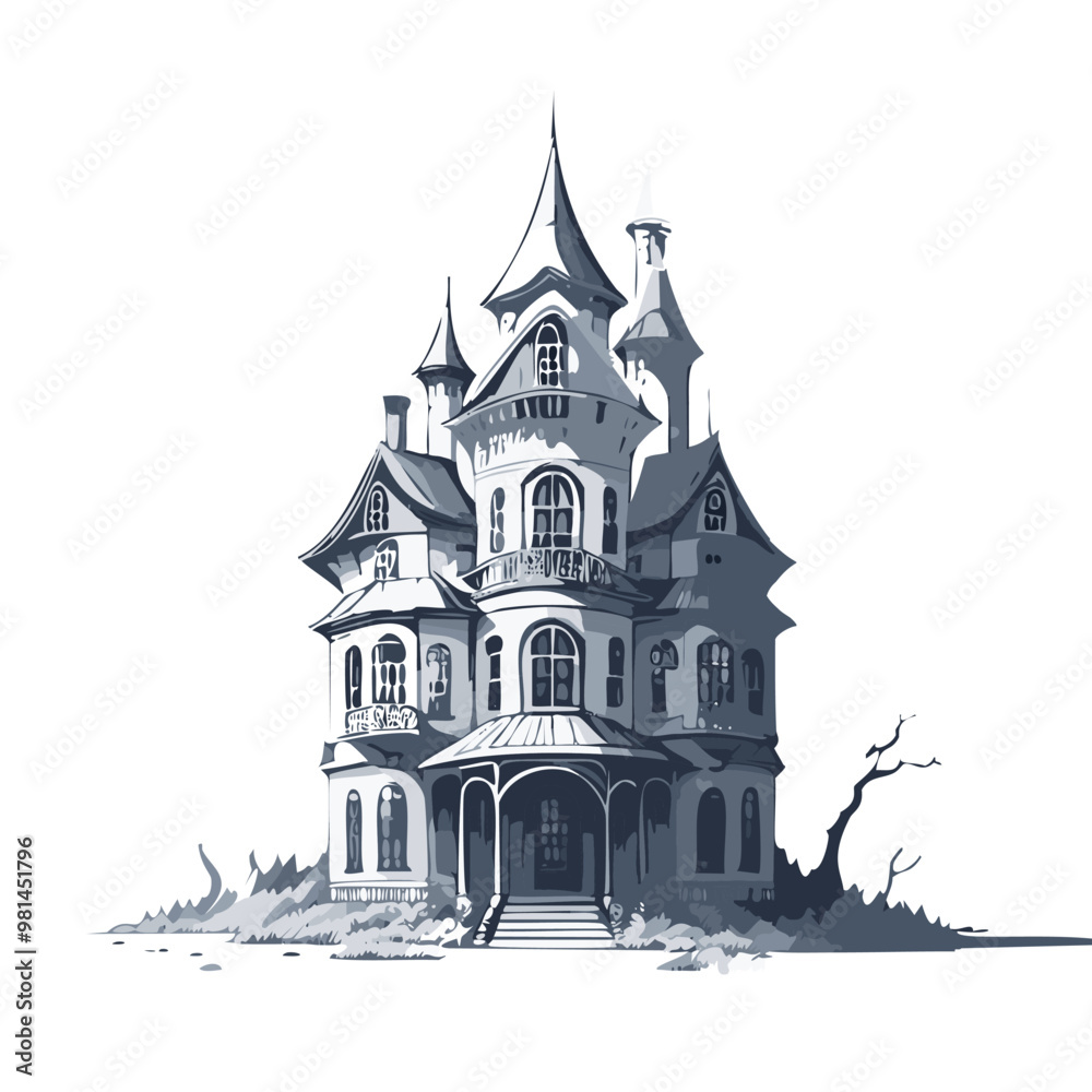 Fototapeta premium Haunted house sketch design. Spooky haunted mansion pen sketch vector art design.