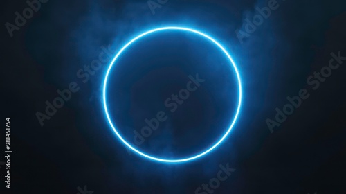 Glowing circle with white neon light and smoke on black background.