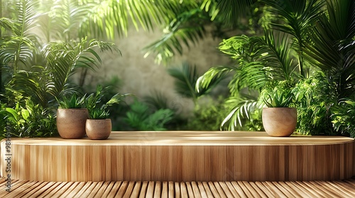 A wooden display stand is set against a backdrop of palm leaves and bright tropical greenery, emphasizing organic design. photo