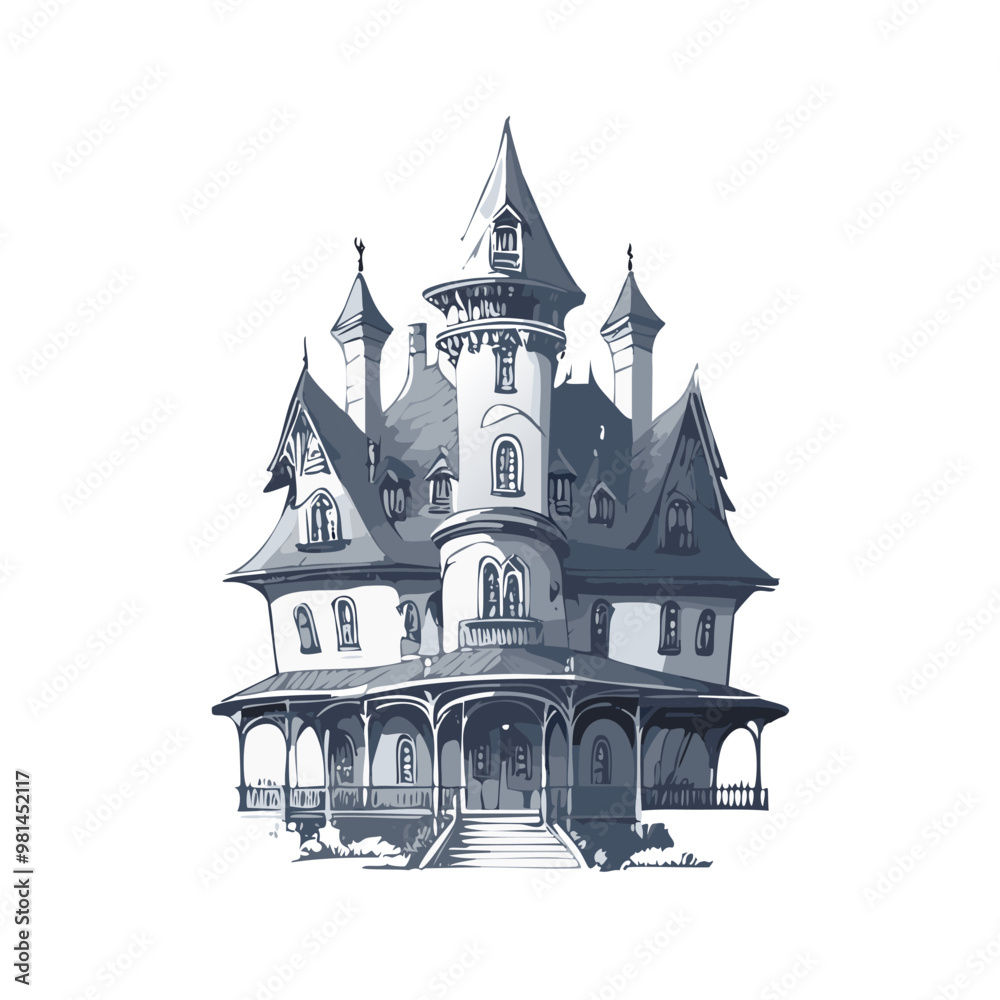Fototapeta premium Haunted house sketch design. Spooky haunted mansion pen sketch vector art design.