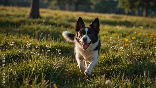 Happy dog playing in a scenic meadow.