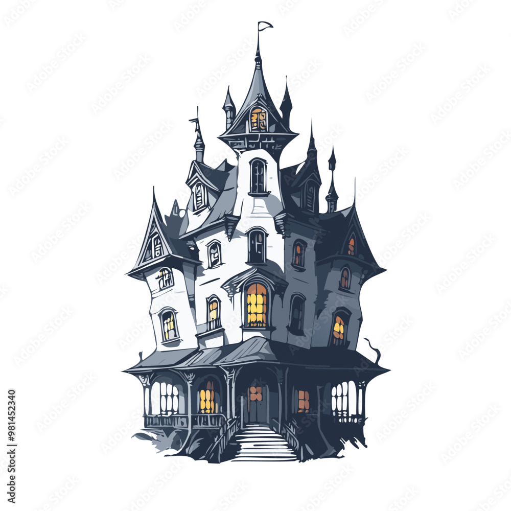 Obraz premium Haunted house sketch design. Spooky haunted mansion pen sketch vector art design.