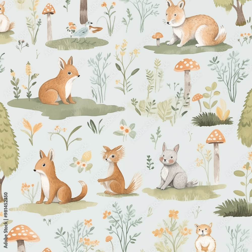 Naklejka premium Woodland creatures seamless pattern featuring foxes, rabbits, squirrels amidst whimsical flora, cute cartoon animals concept