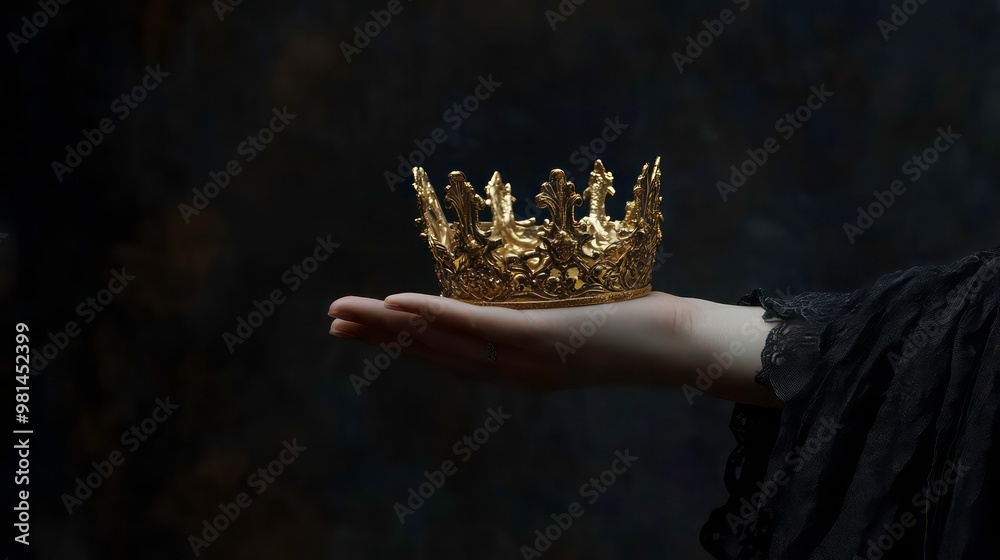 A hand in black lace holds a golden crown against a dark background. A hand in black lace holds a golden crown against a dark background.