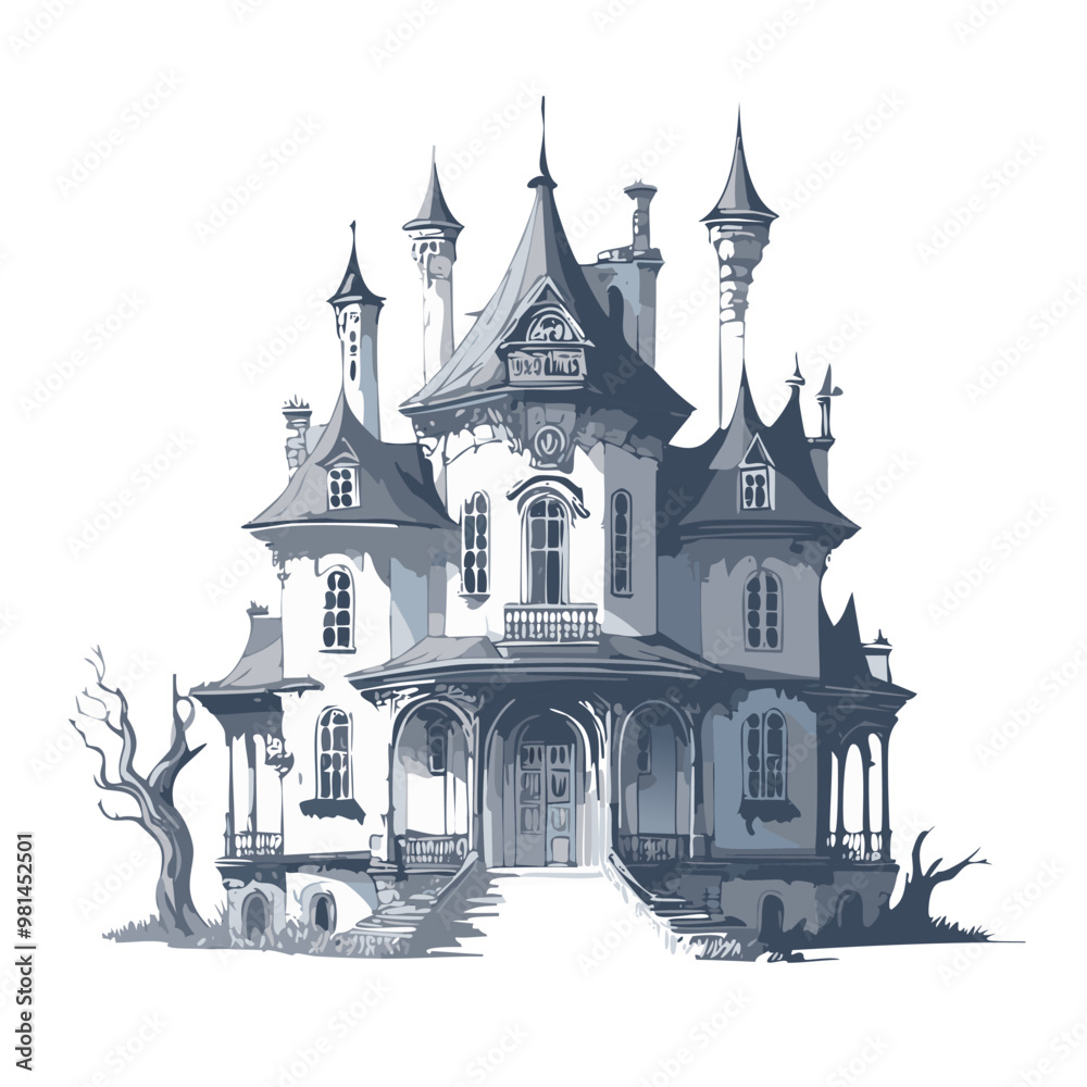 Obraz premium Haunted house sketch design. Spooky haunted mansion pen sketch vector art design.