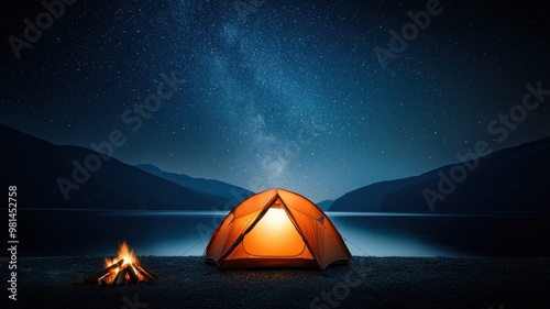 Cozy orange tent by a calm lake under a starry night sky, perfect for camping and outdoor adventure lovers. photo