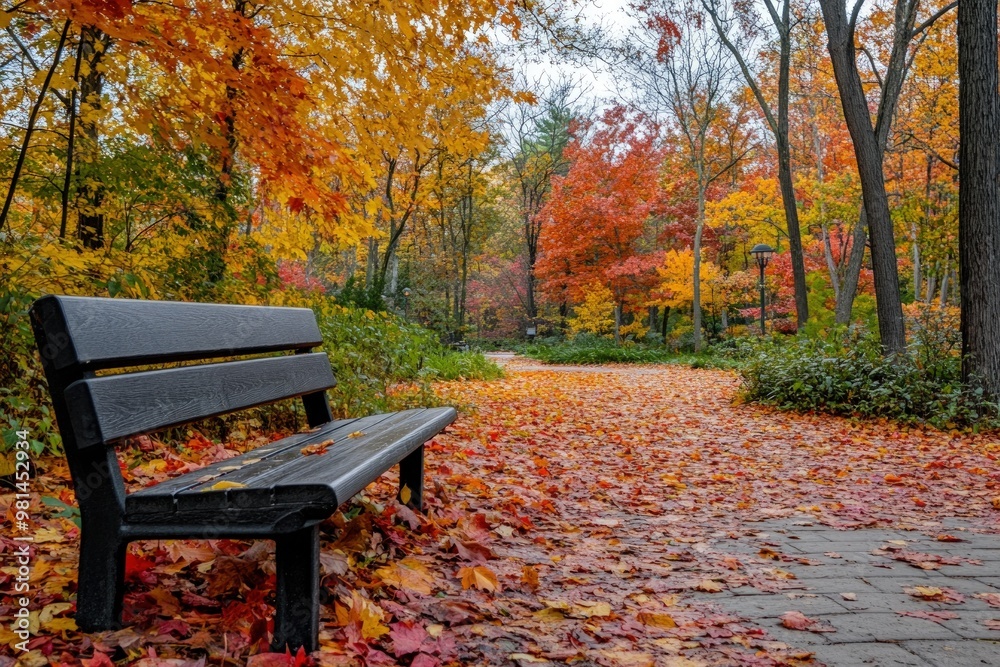 A black wooden bench sits on a path covered in fallen autumn leaves. A black wooden bench sits on a path covered in fallen autumn leaves.