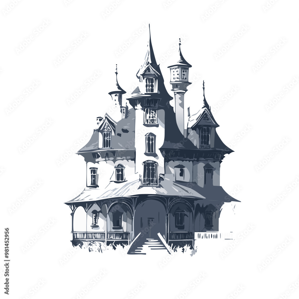 Fototapeta premium Haunted house sketch design. Spooky haunted mansion pen sketch vector art design.