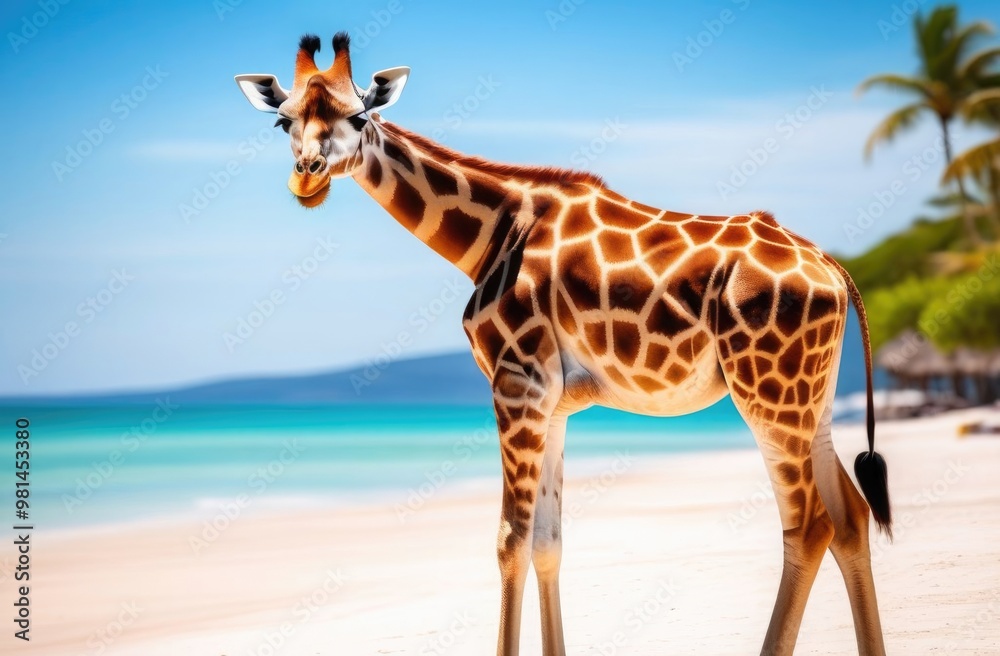Obraz premium A giraffe walks along the beach near the azure sea.