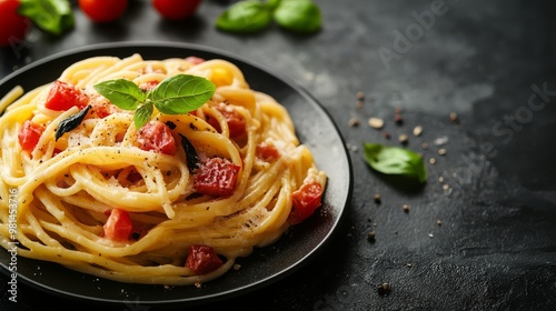 A hearty plate of spaghetti carbonara topped with ripe tomatoes and fresh basil