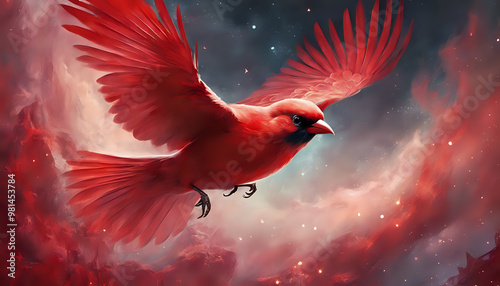 A colorful illustration of a bird flying through the sky, perched in a forest, and soaring in the night, with vibrant feathers and a whimsical, cartoonish style photo