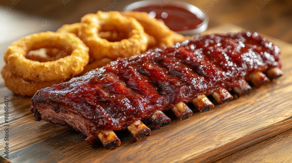 Savor the tender barbecue ribs alongside crispy onion rings a perfect comfort dish Savor the tender barbecue ribs alongside crispy onion rings a perfect comfort dish