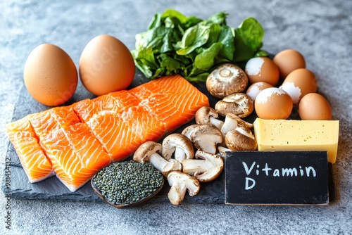 Foods rich in vitamin d on a slate cutting board photo