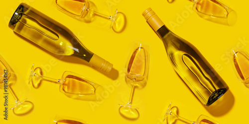 Seamless flat lay background with white wine glasses and bottles