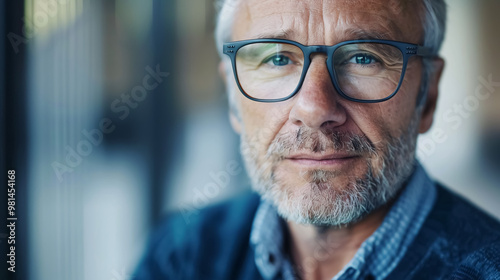 Middle-aged good looking man posing in front of a black background with copy space.