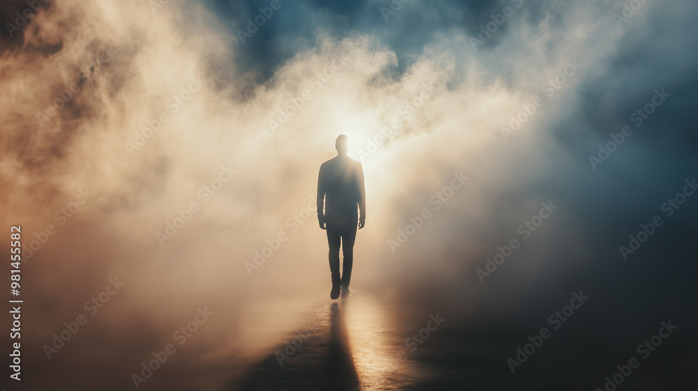 Silhouette of a Man Walking Through Misty Light, Mysterious Atmosphere, Concept of Solitude and Discovery Silhouette of a Man Walking Through Misty Light, Mysterious Atmosphere, Concept of Solitude and Discovery