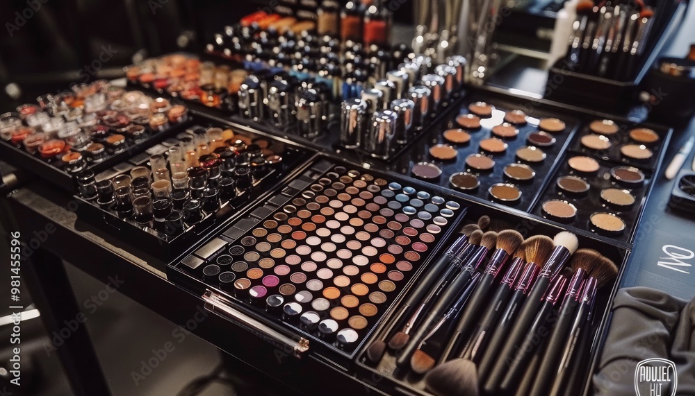 Stylish makeup essentials perfectly organized on a vanity for glamorous beauty routines Stylish makeup essentials perfectly organized on a vanity for glamorous beauty routines