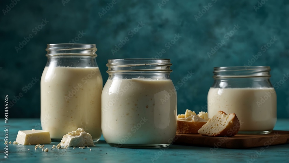 Homemade dairy products in glass jars on a turquoise backdrop.