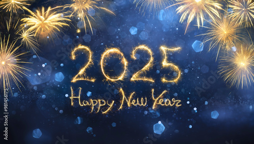 2025 Happy New Year Celebration With Glitter And Fireworks In Blue Eve Night photo