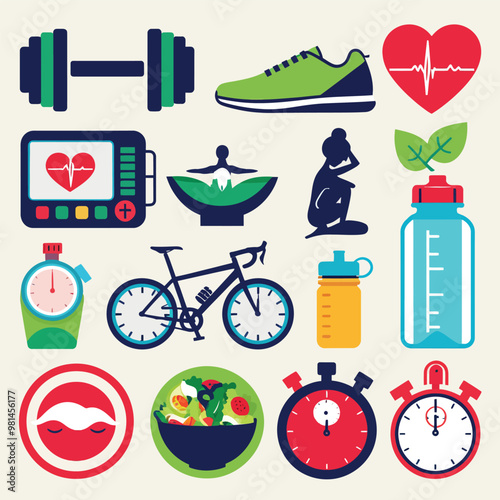 vector illustration hires with eps collection for sport equipment tools sport items and healthy food and tools 
