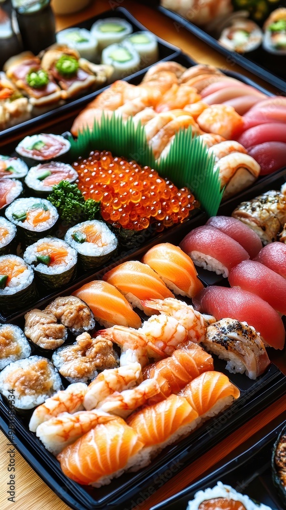 Sushi platter offering variety of delicious nigiri, maki, and sashimi Sushi platter offering variety of delicious nigiri, maki, and sashimi