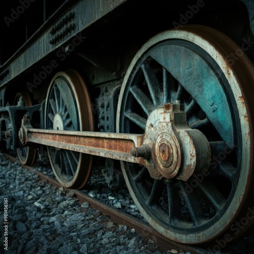 Close-up view of mining cart wheels on a railway.