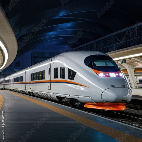 Contemporary high-speed monorail train with illuminating headlights passing through a station on an elevated track as it traverses a tunnel at a road junction.