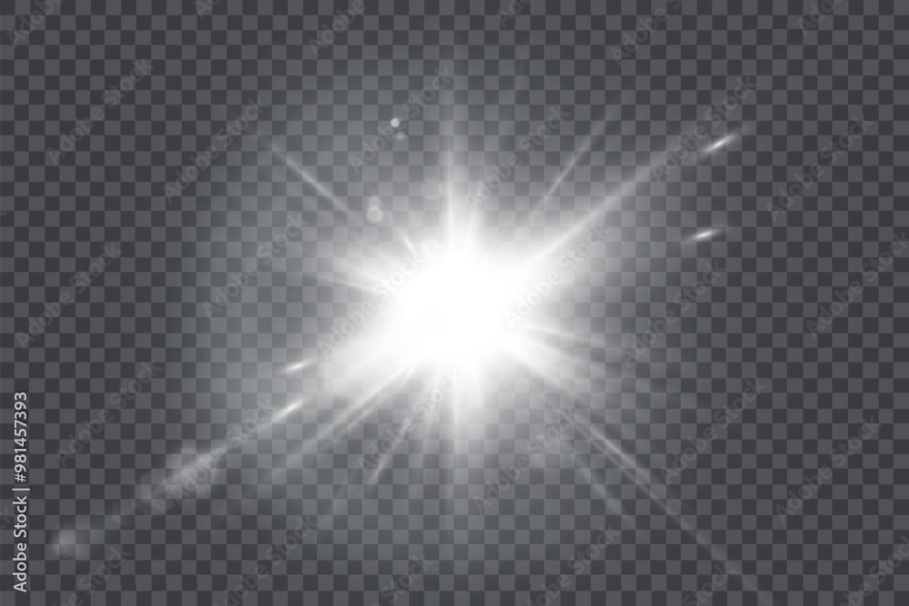 White glowing light explodes on a transparent background. Bright Star. Transparent shining sun, bright flash. Vector graphics.
White glowing light explodes on a transparent background. Bright Star. Transparent shining sun, bright flash. Vector graphics.