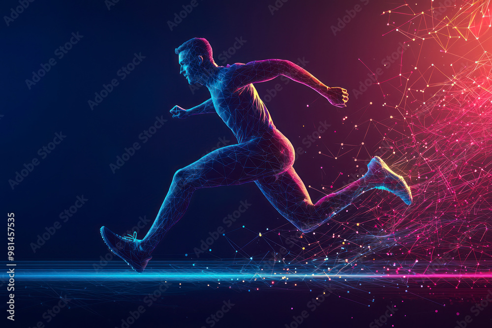 Banner. Sportsman, jogger running in motion against gradient dark background with polygonal and fluid elements. Speed. Banner. Sportsman, jogger running in motion against gradient dark background with polygonal and fluid elements. Speed.