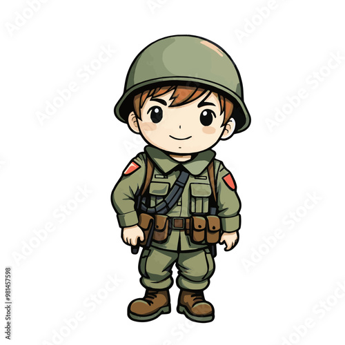 Cute little hero soldier in army uniform, cartoon character on white