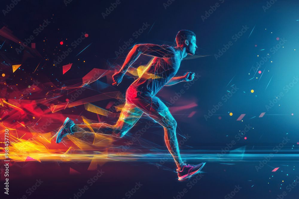 Banner. Sportsman, jogger running in motion against gradient dark background with polygonal and fluid elements. Speed. Banner. Sportsman, jogger running in motion against gradient dark background with polygonal and fluid elements. Speed.