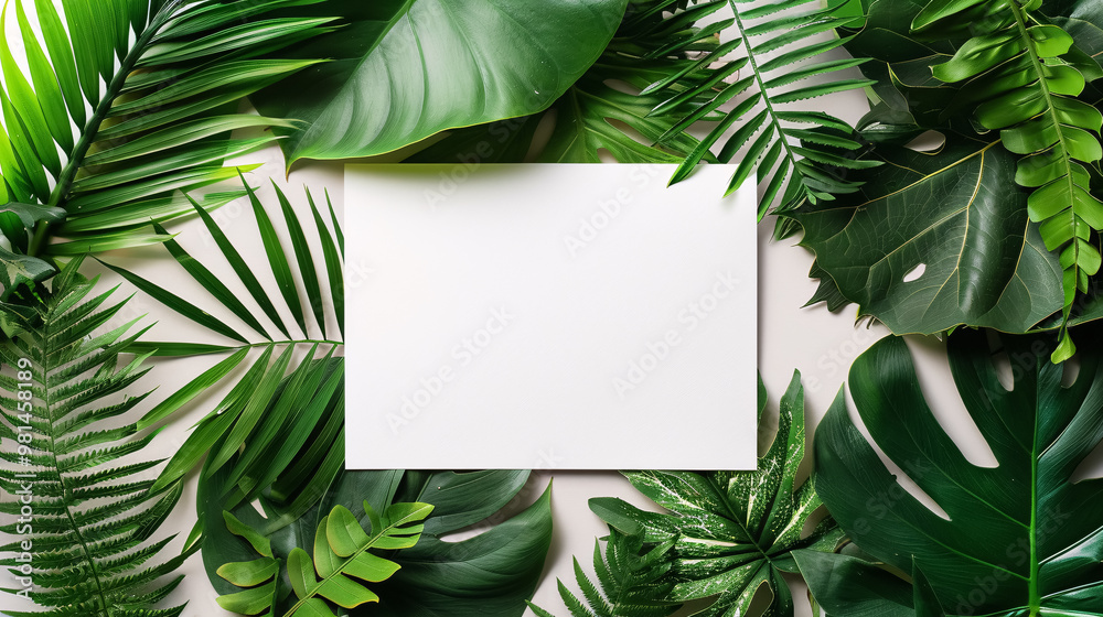 Mockup card for birthday or wedding background; white table paper top greeting view stationery; card blank postcard mockup birthday frame gift; flat lay design with green leaves. Mockup card for birthday or wedding background; white table paper top greeting view stationery; card blank postcard mockup birthday frame gift; flat lay design with green leaves.