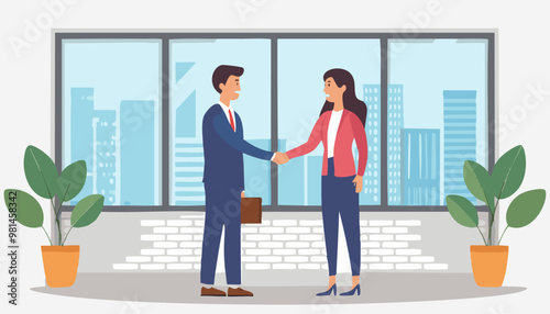 Business man and woman  are shaking hands at office near window.  Vector, illustration