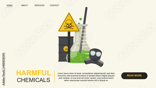 Harmul chemicals banner illustration. A warning sign with a skull and crossbones, a barrel, a flask of green liquid, and a gas mask.