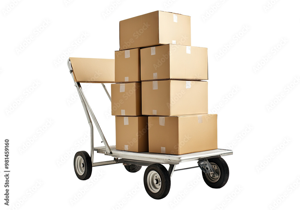 Hand truck with cardboard box. Transparent background, Isolated PNG. Hand truck with cardboard box. Transparent background, Isolated PNG.