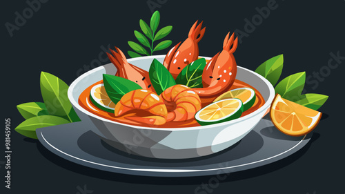 Shrimps with lemon and parsley. Beautifully arranged roasted shrimp with lemon, lime and herbs on a black table, perfect for seafood menus and culinary branding