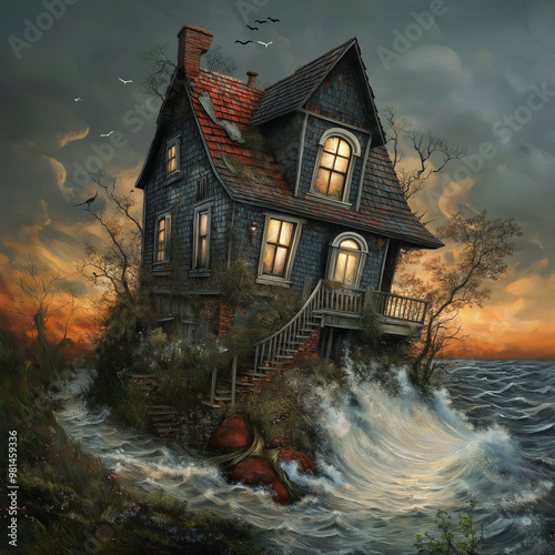 Surreal house on the edge of a stormy sea, waves crashing, fantasy artwork photo