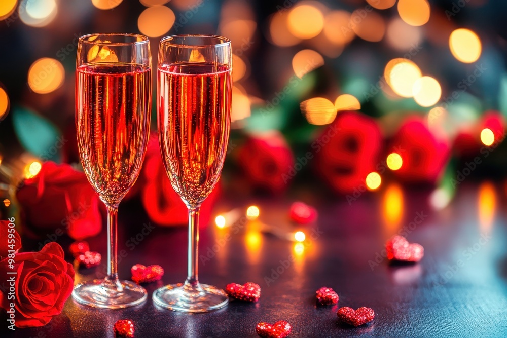 Two glasses of sparkling wine with red roses for valentine's day romantic dinner