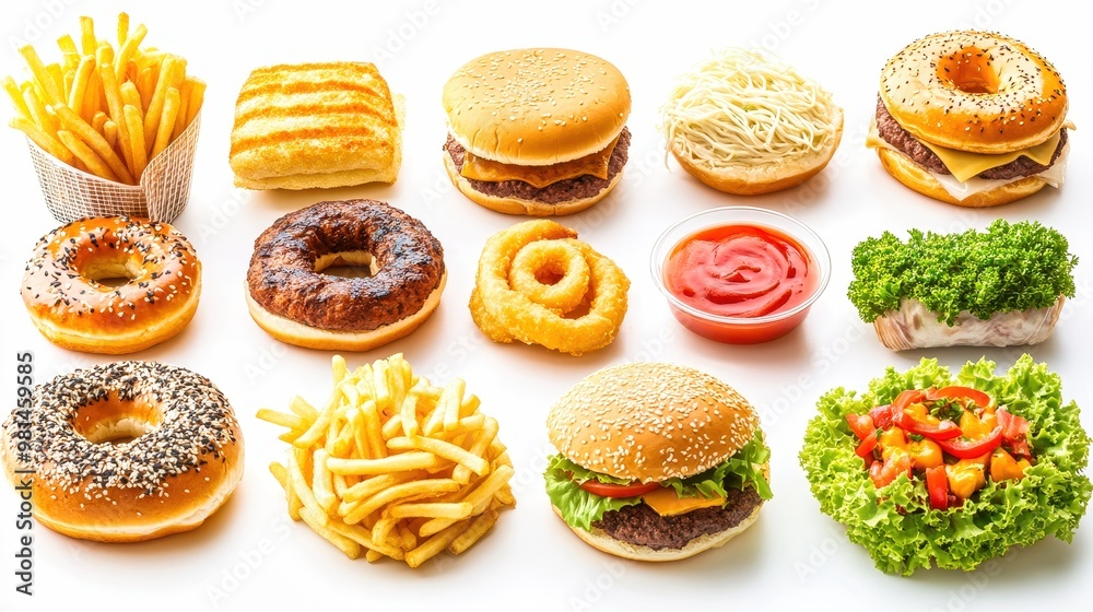 Four tasty burgers and french fries in cardboard boxes on white background Four tasty burgers and french fries in cardboard boxes on white background