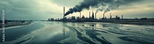 Panoramic view of industrial factory with heavy smoke emissions and polluted water, illustrating environmental pollution and climate change impact. photo