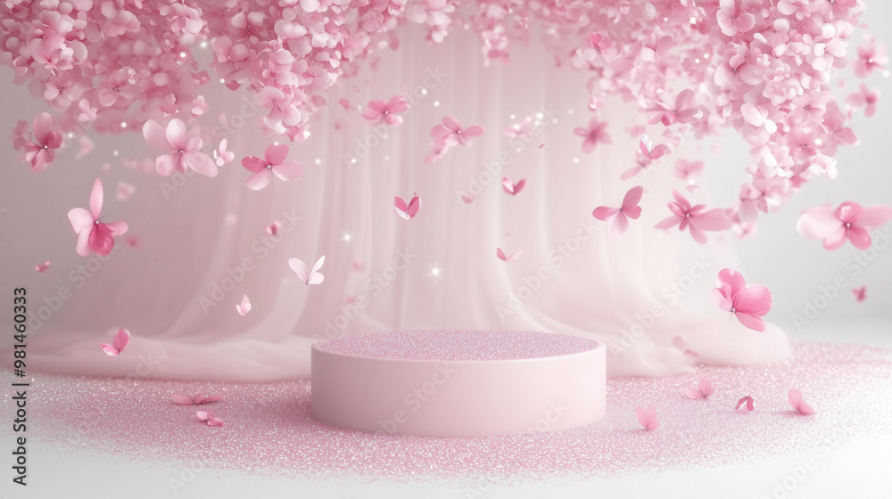 Soft background of a scattering of floating pink flowers with a shiny round podium, for displaying cosmetics and beauty products Soft background of a scattering of floating pink flowers with a shiny round podium, for displaying cosmetics and beauty products