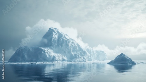 A majestic iceberg stands tall in the Arctic Ocean, shrouded in mist with a small iceberg in the background, reflecting in the calm, blue water.