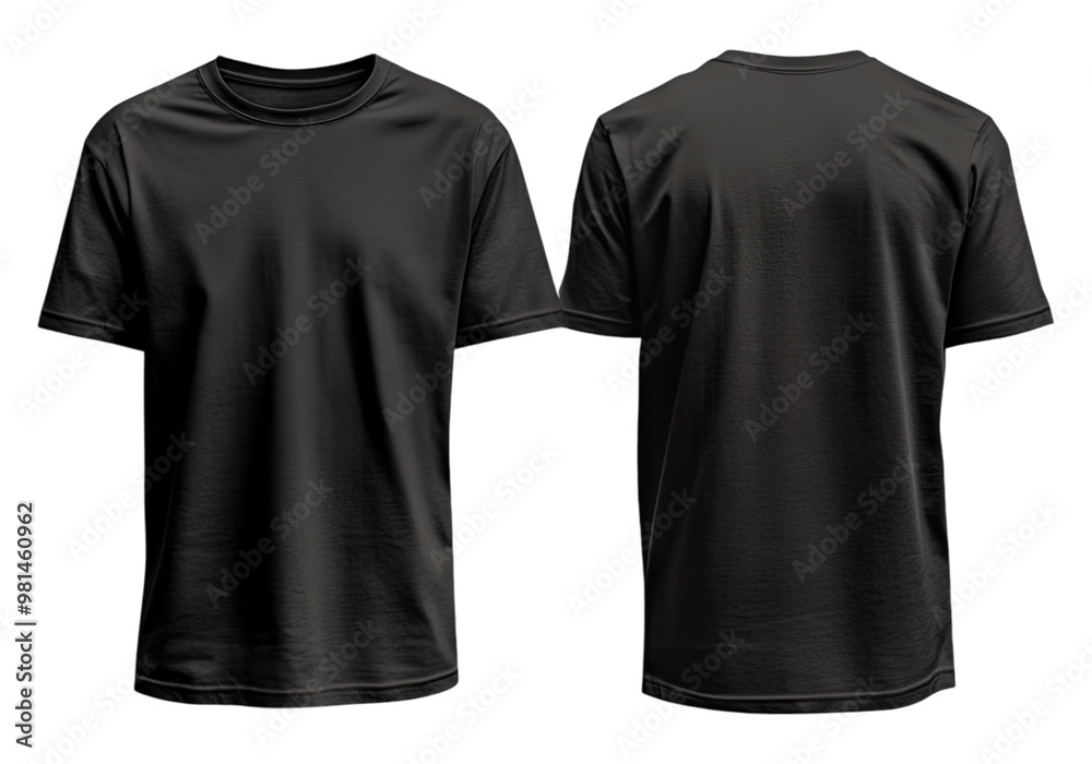 Mens blank black t shirt mockup front and back view. Transparent background, Isolated PNG. Mens blank black t shirt mockup front and back view. Transparent background, Isolated PNG.