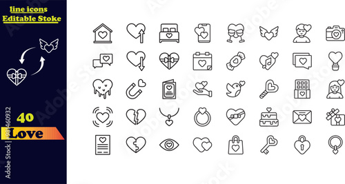 Set of love-themed stroke icons, featuring hearts, couples, Cupid, passion, Valentine's Day, love emojis, beating hearts, affection, romance, hugs, and dating icons.